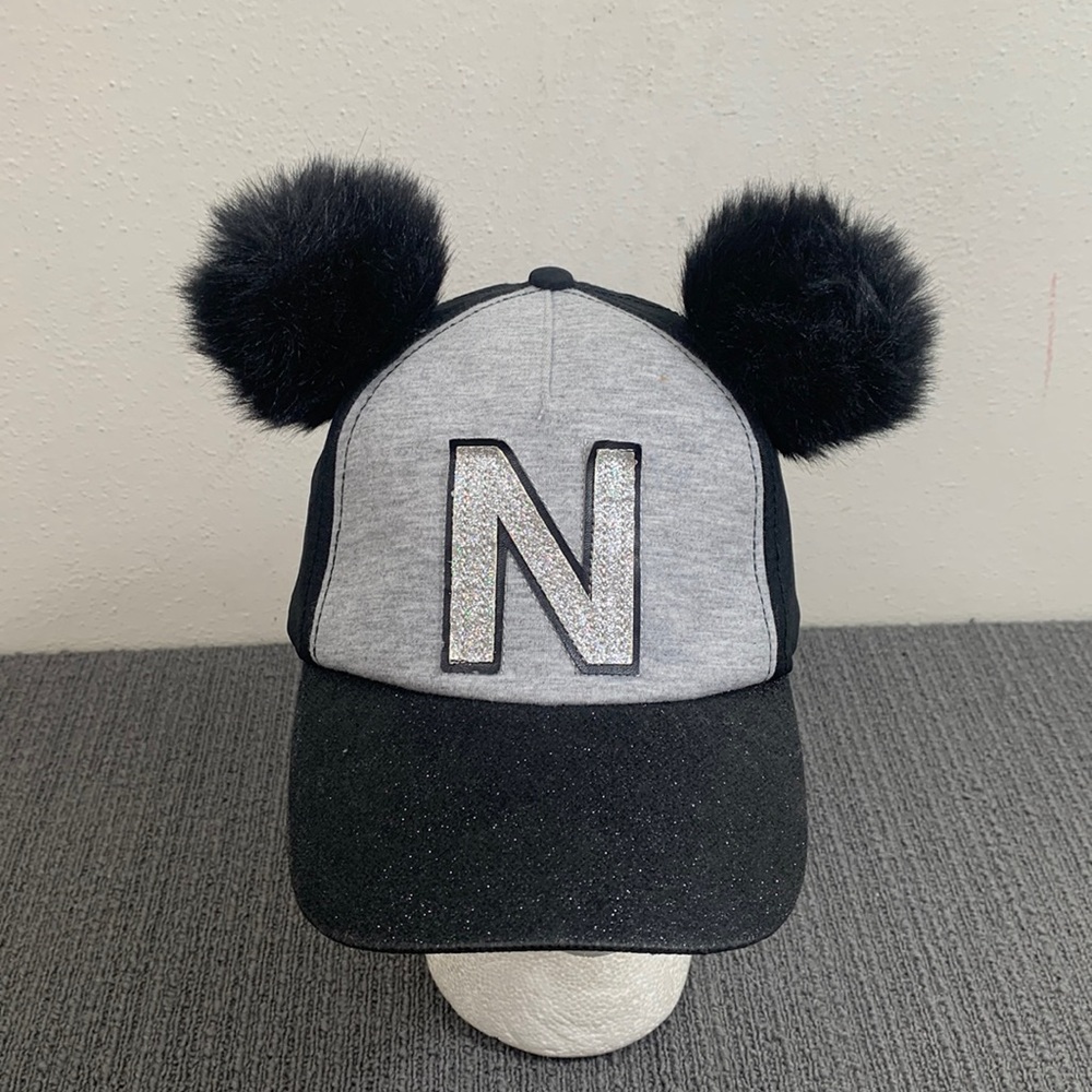 Justice Baseball Hat with Pom Poms Girls OS Gray Black Glitter Brim N Faux Fur